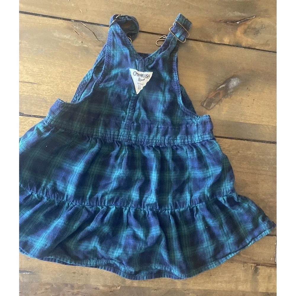 OshKosh B'gosh Vestbak Jumper Overall Dress Kids Size 3T Blue Green Plaid Cotton